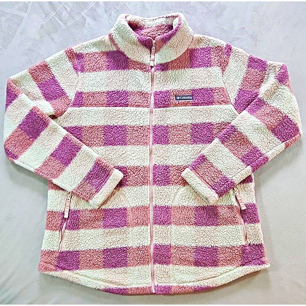 Columbia Women's Full Zip Sherpa Jacket Pockets Plaid Pink/Purple/White 2XL